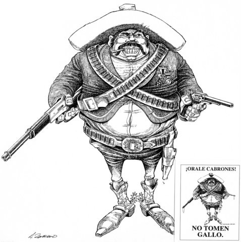 Black and white cartoon drawing showing an overweight man wearing a sombrero and gun belts while holding rifles in both hands.