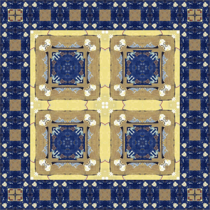 Blue, gold, and white square artwork with four decorative panels surrounded by patterned borders.