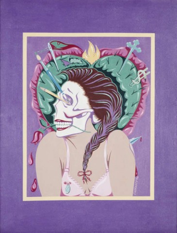 Colorful illustration of a woman with braided dark hair and a white skeleton face, with a green and pink heart filled with symbols behind her.