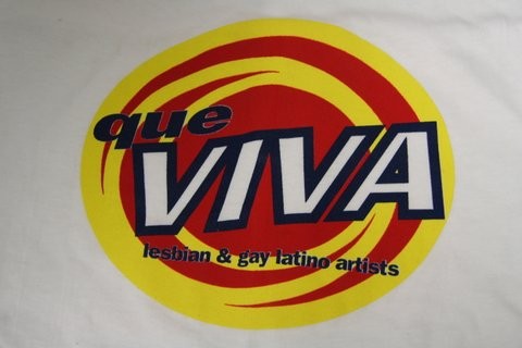 Yellow and red circular logo with large "Que Viva" text and the words "lesbian & gay latino artists" underneath.