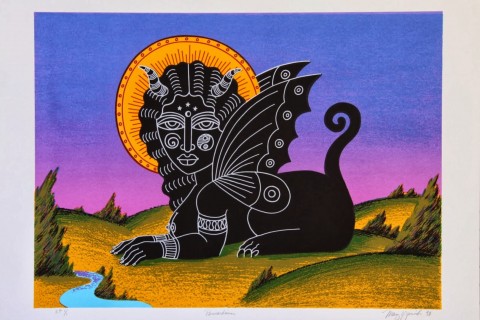 Colorful silkscreen with a black figure seated on all fours with wings, long tail, and orange halo sitting in a landscape with a river and mountains.