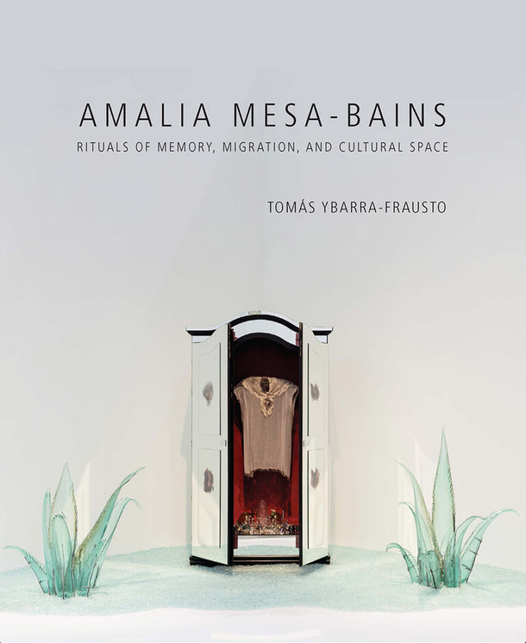 Amalia Mesa-Bains gray book cover with an installation with a mirrored armoire in the center and green glass plants on each side.