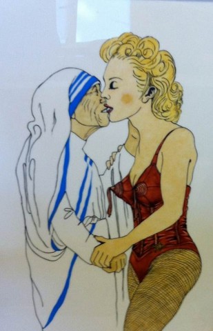 Oil painting on white glass showing a woman dressed as a nun kissing a woman with blonde hair and wearing a red bodysuit and fishnets.