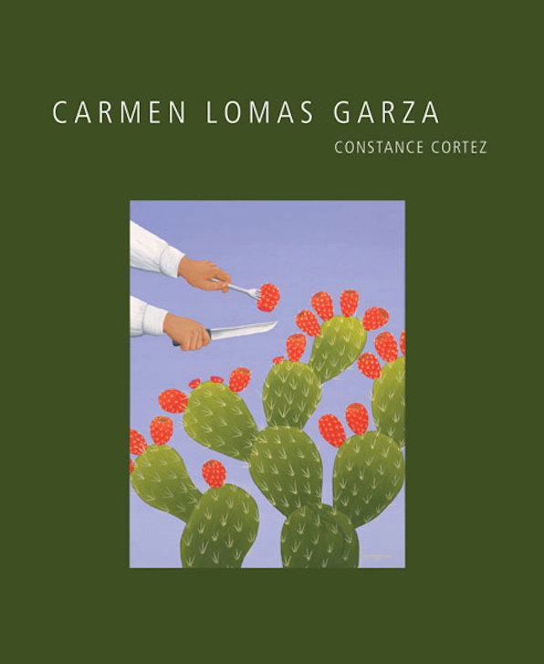 Carmen Lomas Garza green book cover showing a painting of hands using a knife and fork to grab bright red fruit off a cactus.