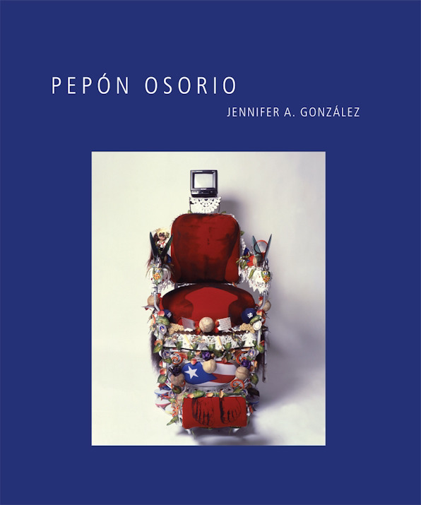 Pepon Osorio purple book cover showing a red chair decorated with colorful objects with a small screen above the chair.