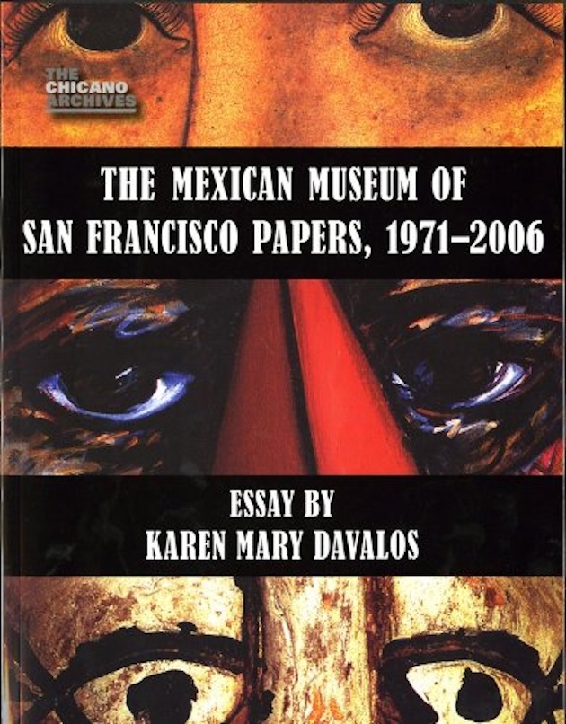 Black book cover with three close-ups of painted faces and artwork, with white text stating "Mexican Museum of San Francisco."