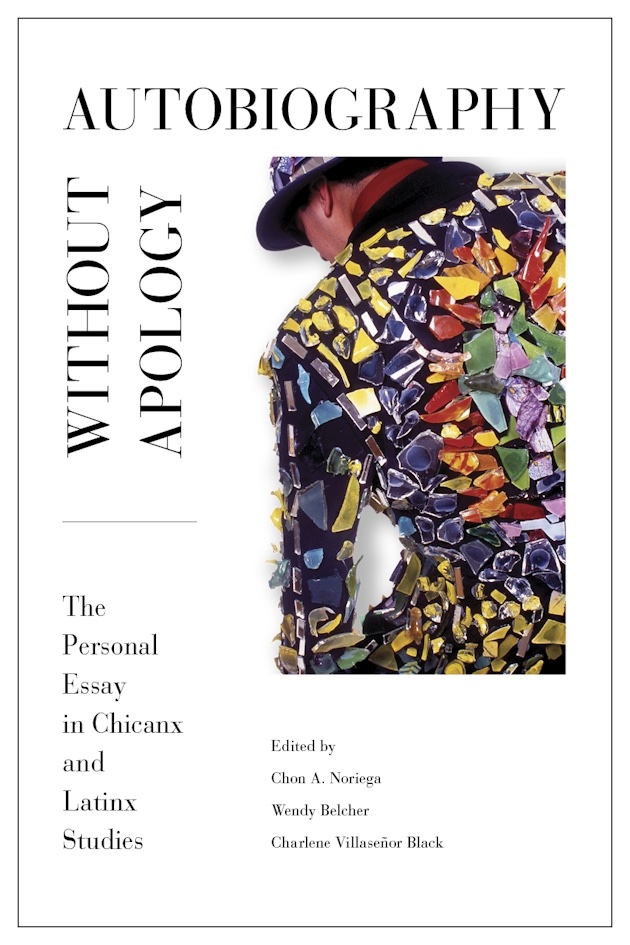 Autobiography without Apology white book cover showing a figure with its back to the camera wearing a jacket covered with colorful mosaic-like pieces.