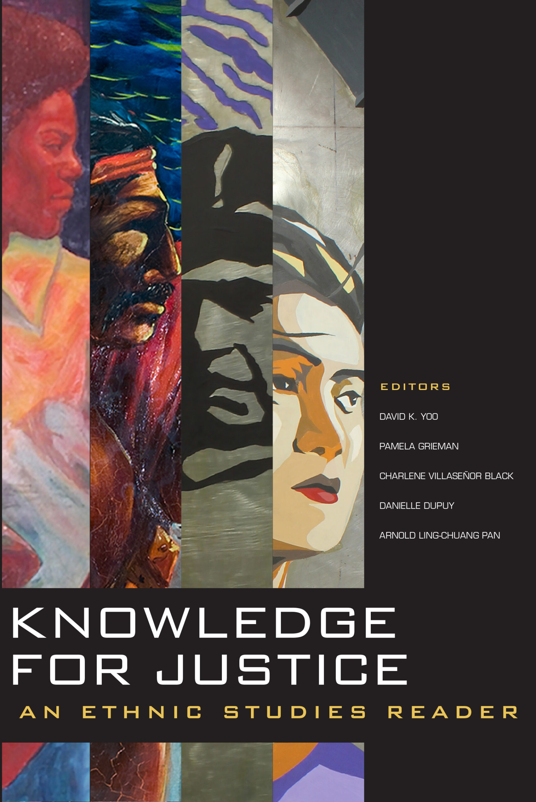 Black book cover with four colorful painted portraits arranged in vertical panels and the title in white text.