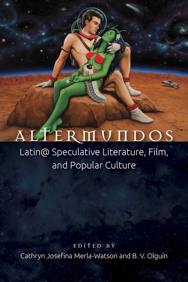 Altermundos colorful book cover showing two figures sitting together on a rocky landscape, with planets and stars behind them in an outer space sky.
