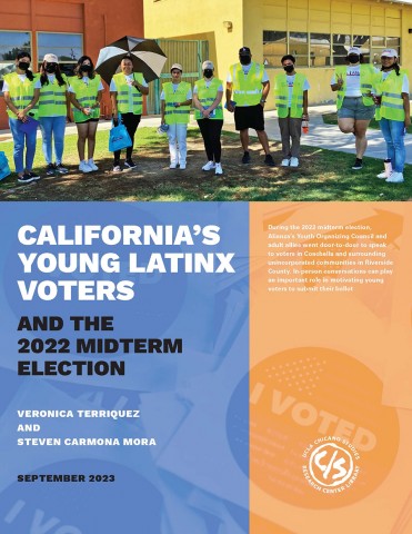 Blue and orange report cover with a photo of ten people in safety vests and text about California's young Latinx voters in the 2022 midterm election.