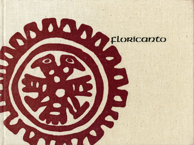 Cream colored Floricanto en Aztlán book cover with a large red circular design and the title in black text.