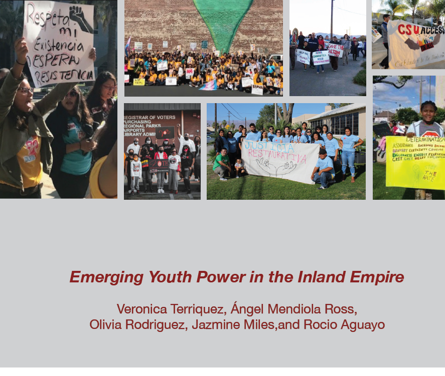 Report cover with a collage of photos of youth protestors, red title text, and a landscape photo of the Inland Empire.