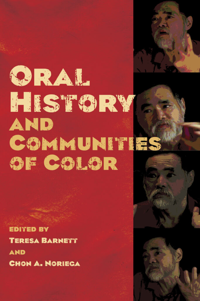 Red book cover with four painted portraits of men along the right side and the title in yellow text about oral history and communities of color.