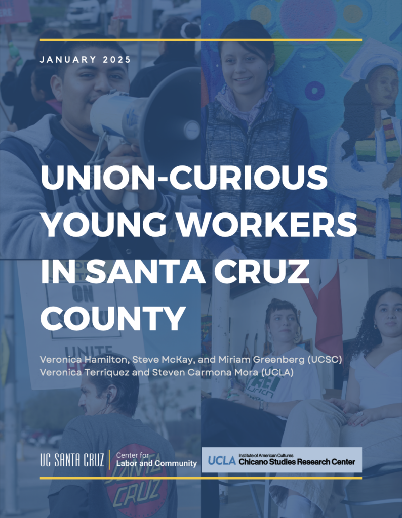 Research report cover with dark blue background showing a collage of photos of young workers at community events, with one speaking into a megaphone.