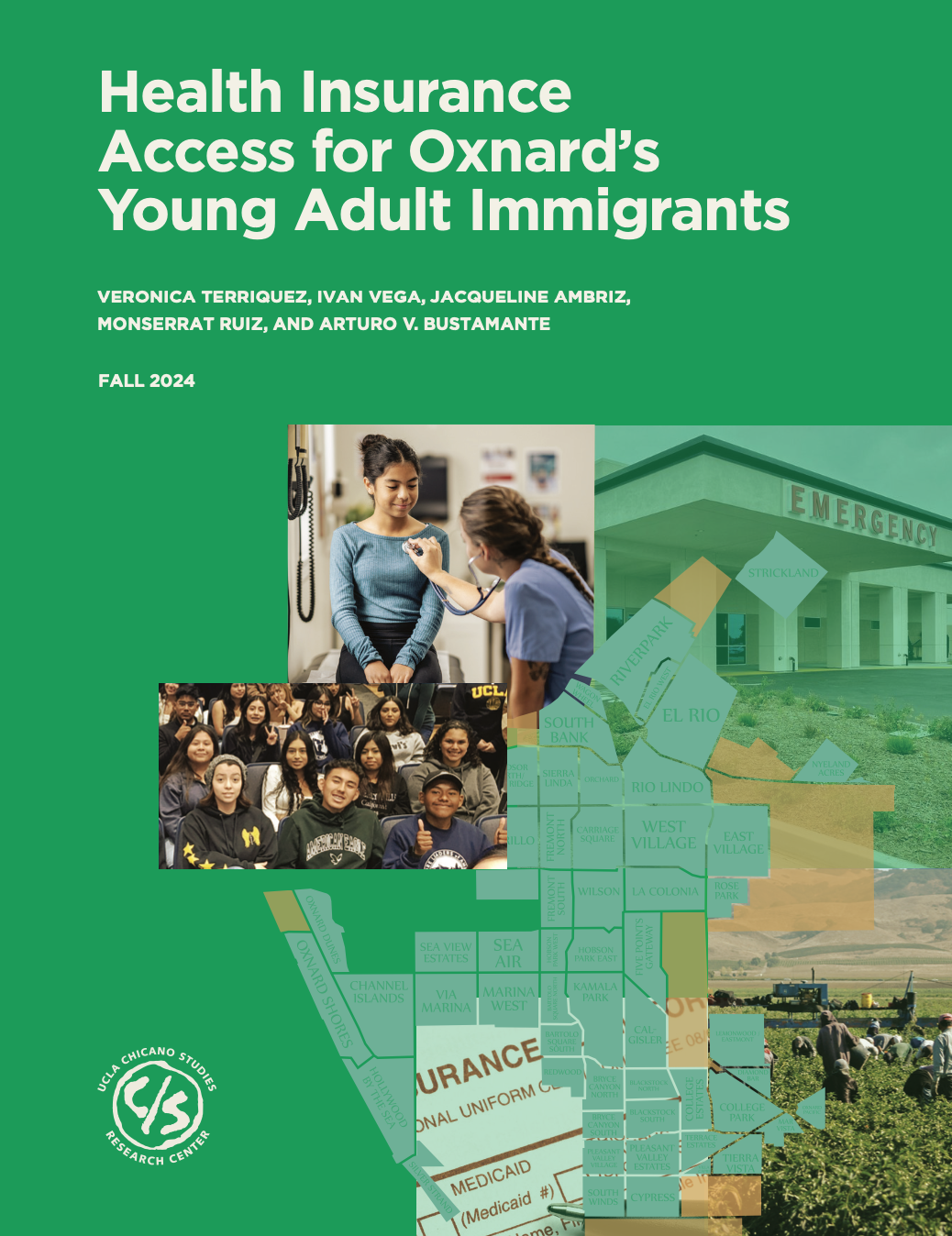 Research report cover with a green background collage of photos of young people, a medical exam, farmland, a hospital, and a map of Oxnard.
