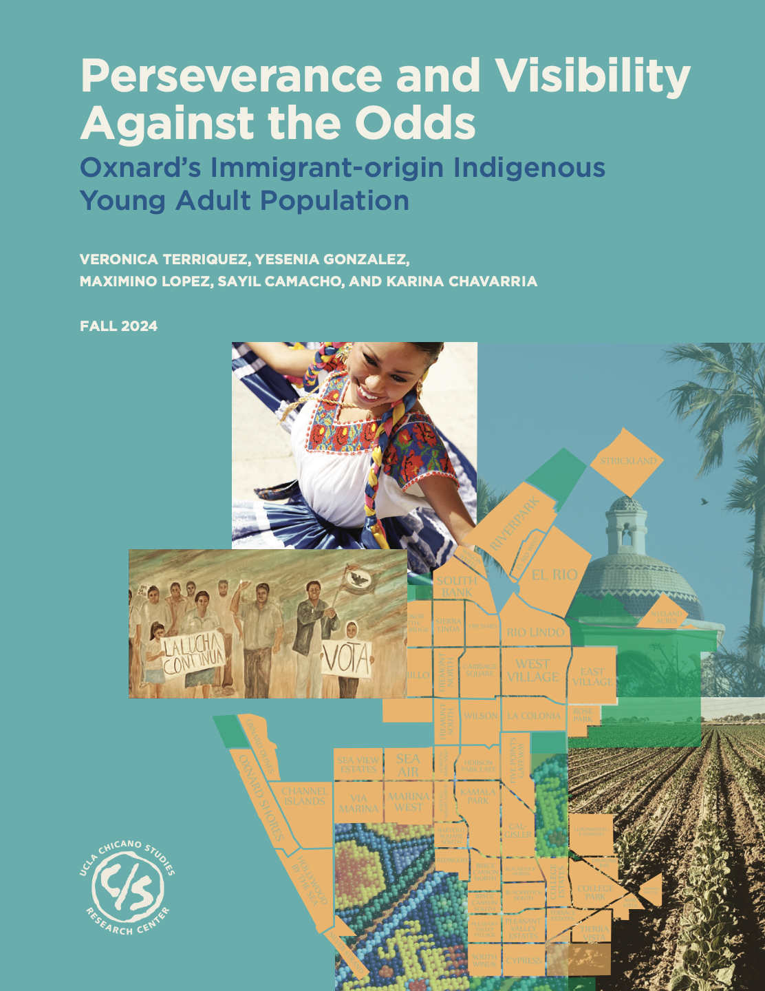 Research report cover with an aquamarine background, a collage of photos of Indigenous culture, farmland, a community building, and a map of Oxnard.