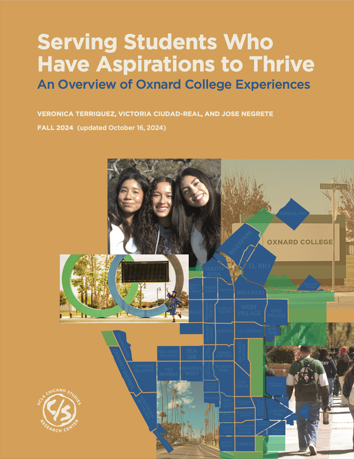 Research report cover with light brown background and a collage of photos of Oxnard College students, campus scene, and a map of Oxnard neighborhoods.