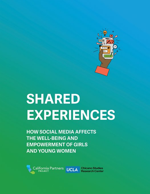 Blue and green gradient research report cover with an illustration of a hand holding a cellphone surrounded by colorful digital symbols.