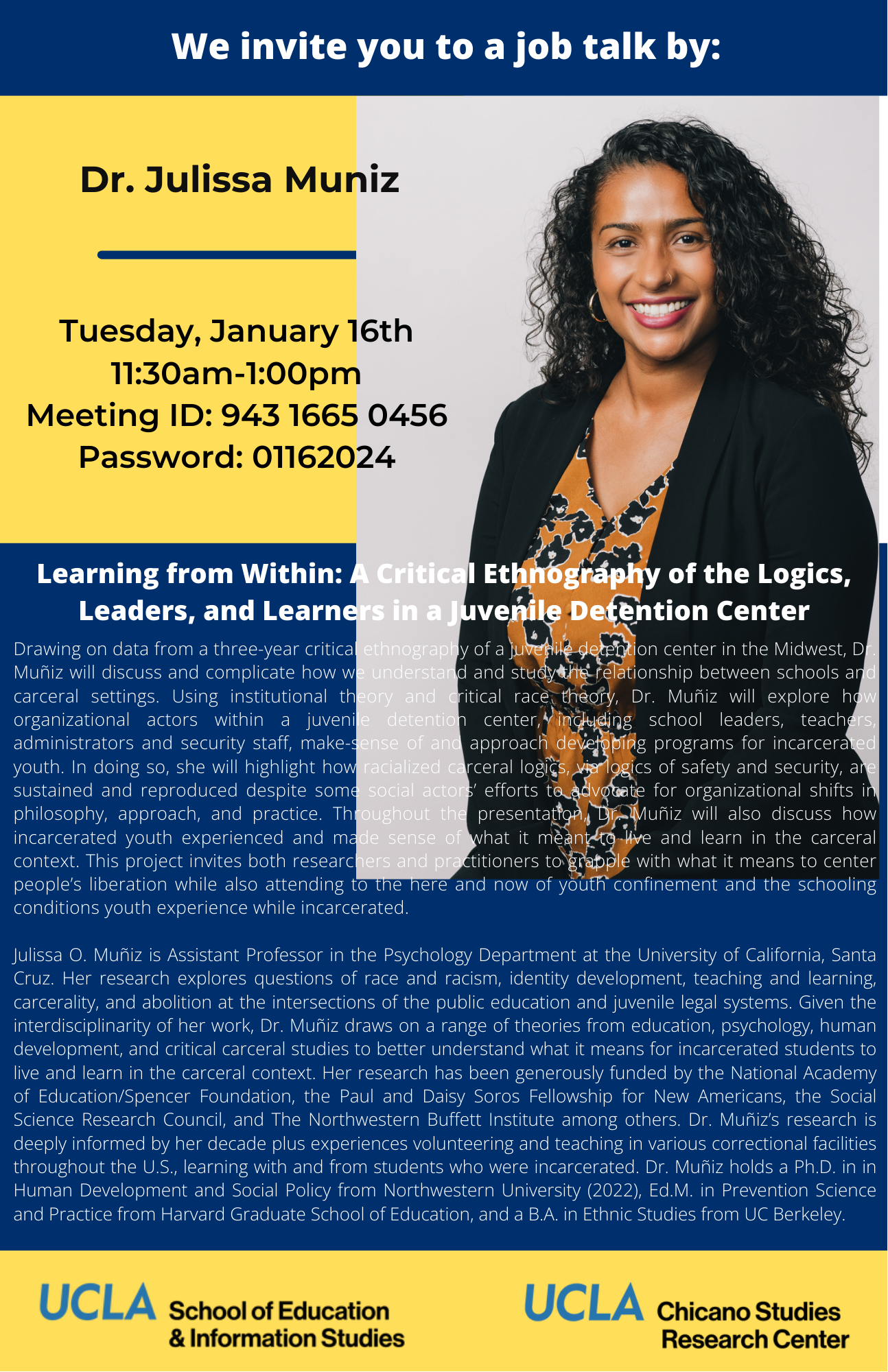 Talk: Julissa Muniz presents “Learning from Within: A Critical Ethnography of the Logics, Leaders, and Learners in a Juvenile Detention Center”