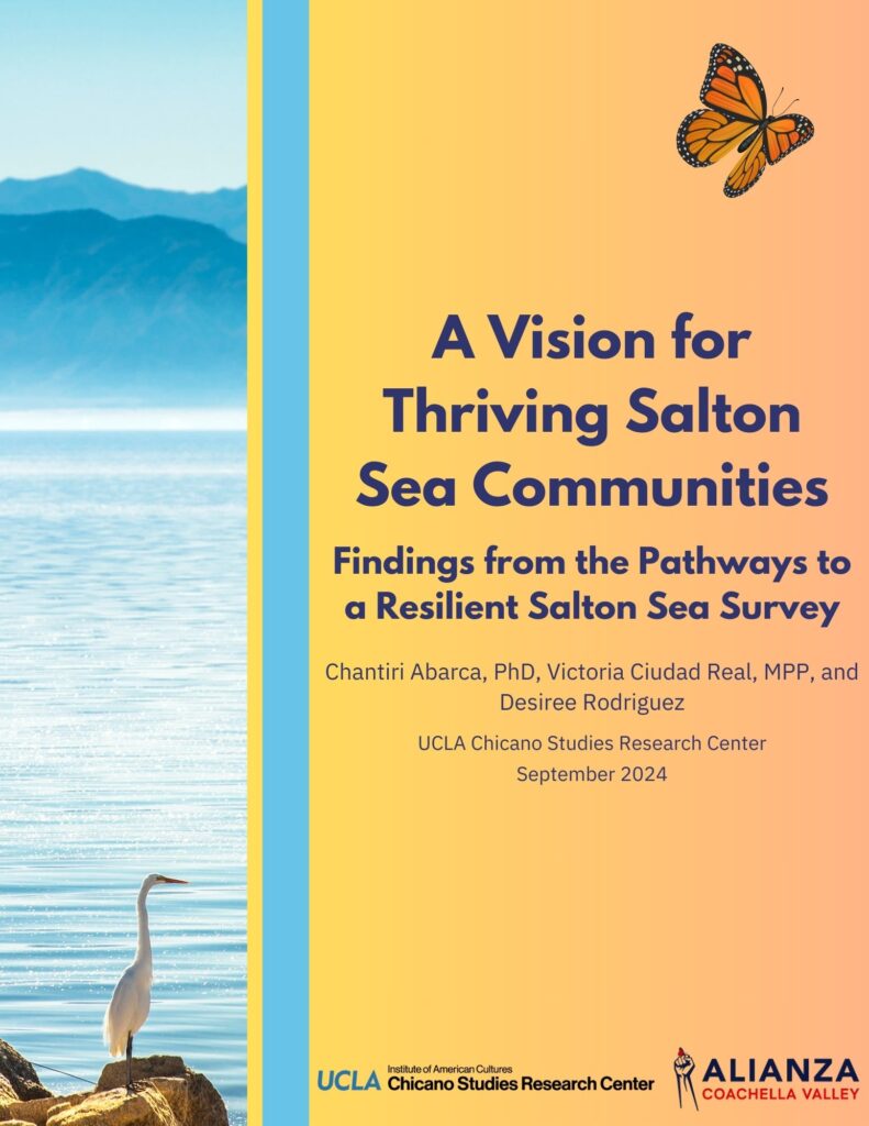 Research report cover with a photo of the Salton Sea, mountains, and a white bird beside an orange section with the title and a monarch butterfly.