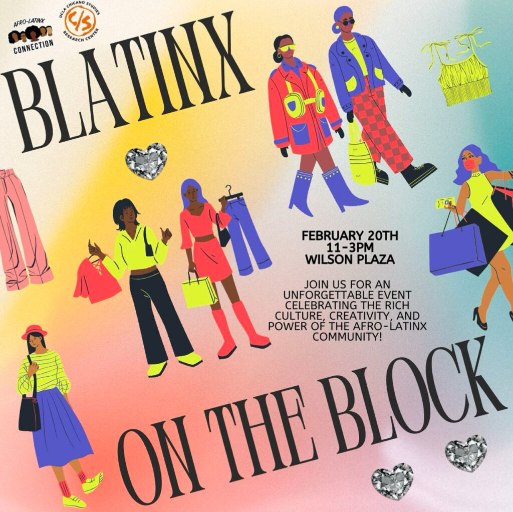 Colorful Blatinx on the Block flyer showing illustrated people in bright clothing, with event title and details in black text.