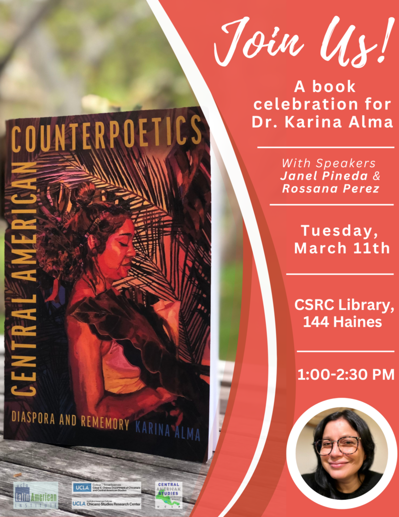 Central American Counterpoetics book talk flyer showing the book cover, event details, and a photo of Karina Alma.