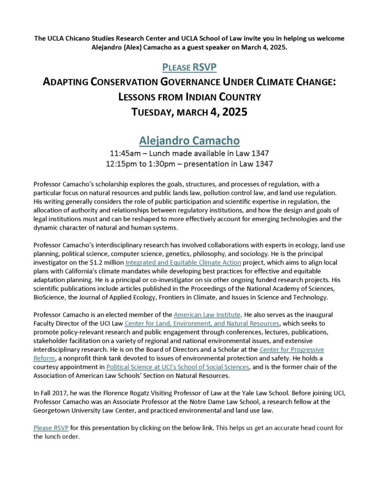 White event flyer with black text discussing Alejandro Camacho's talk on conservation governance and climate change.