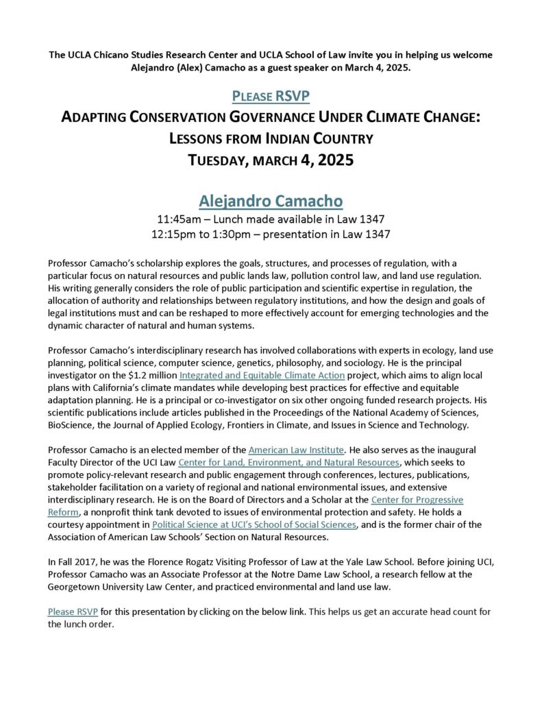 White event flyer with black text discussing Alejandro Camacho's talk on conservation governance and climate change.