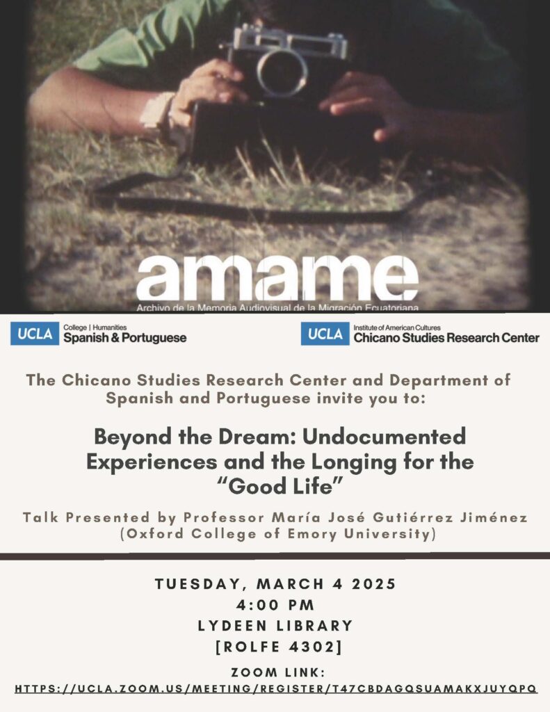Beige event flyer with a photo of a person holding a camera, promoting María José Gutiérrez Jiménez talk on undocumented experiences.