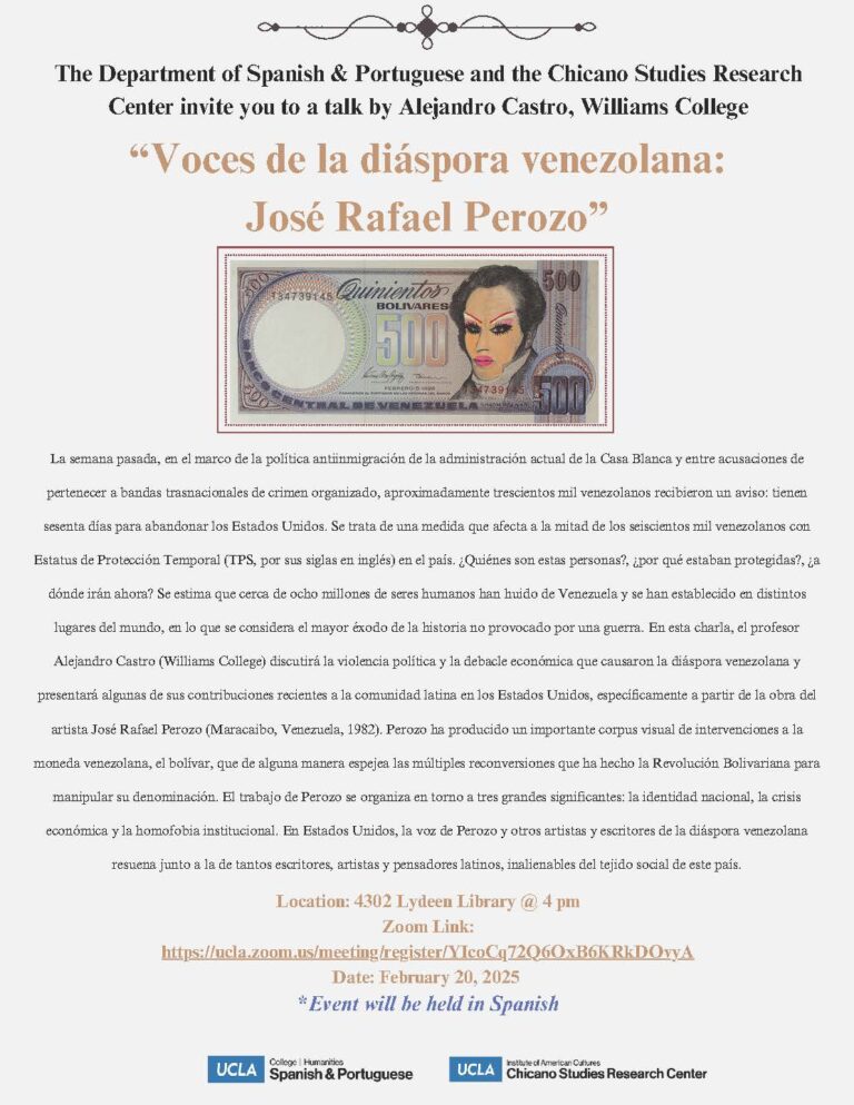 White event flyer with black and orange text, a photo of Venezuelan currency, promoting Alejandro Castro's talk on the Venezuelan diaspora.