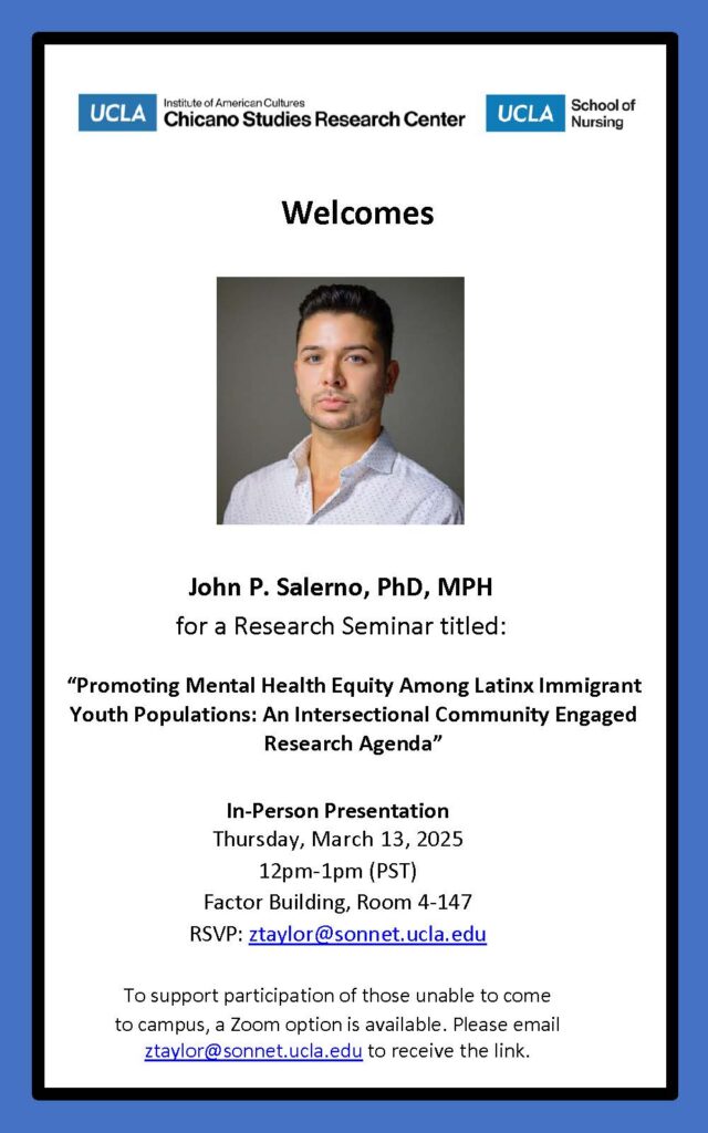 White research seminar flyer with a blue border showing John P. Salerno's portrait, presentation details, and UCLA logos.