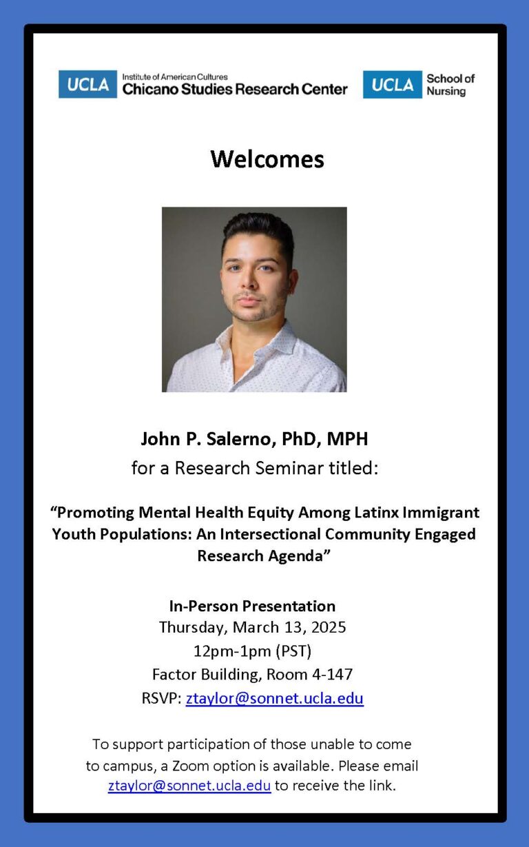White research seminar flyer with a blue border showing John P. Salerno's portrait, presentation details, and UCLA logos.