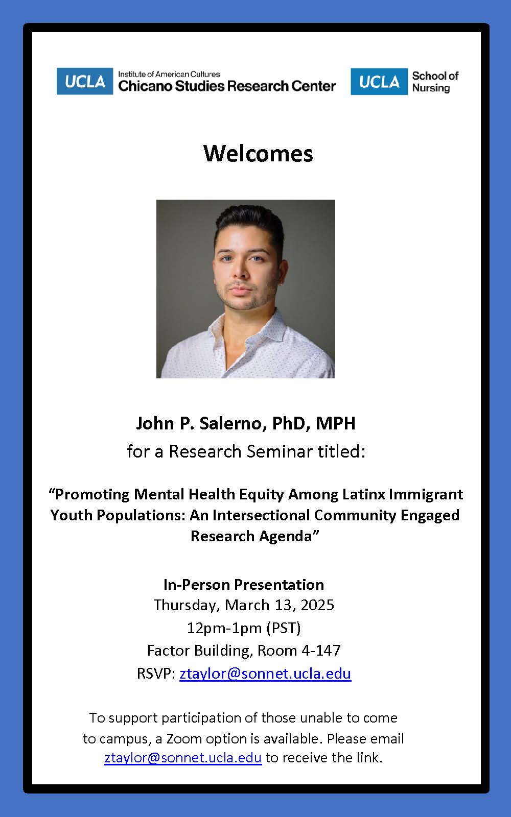 Research Seminar: John P. Salerno Presents “Promoting Mental Health Equity Among Latinx Immigrant Youth Populations: An Intersectional Community-Engaged Research Agenda.”