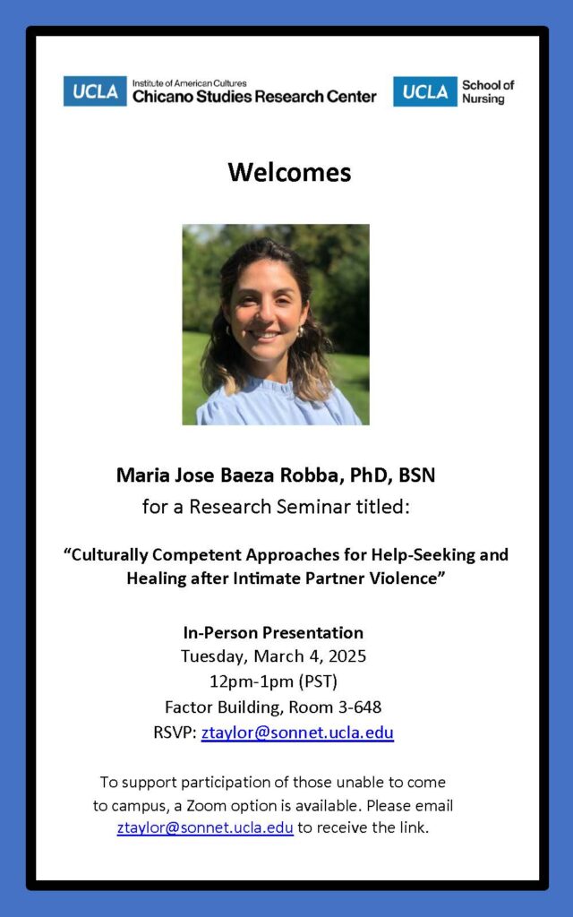 White research seminar flyer with a blue border showing Maria Jose Baeza Robba's photo, presentation title and event details, and UCLA logos.