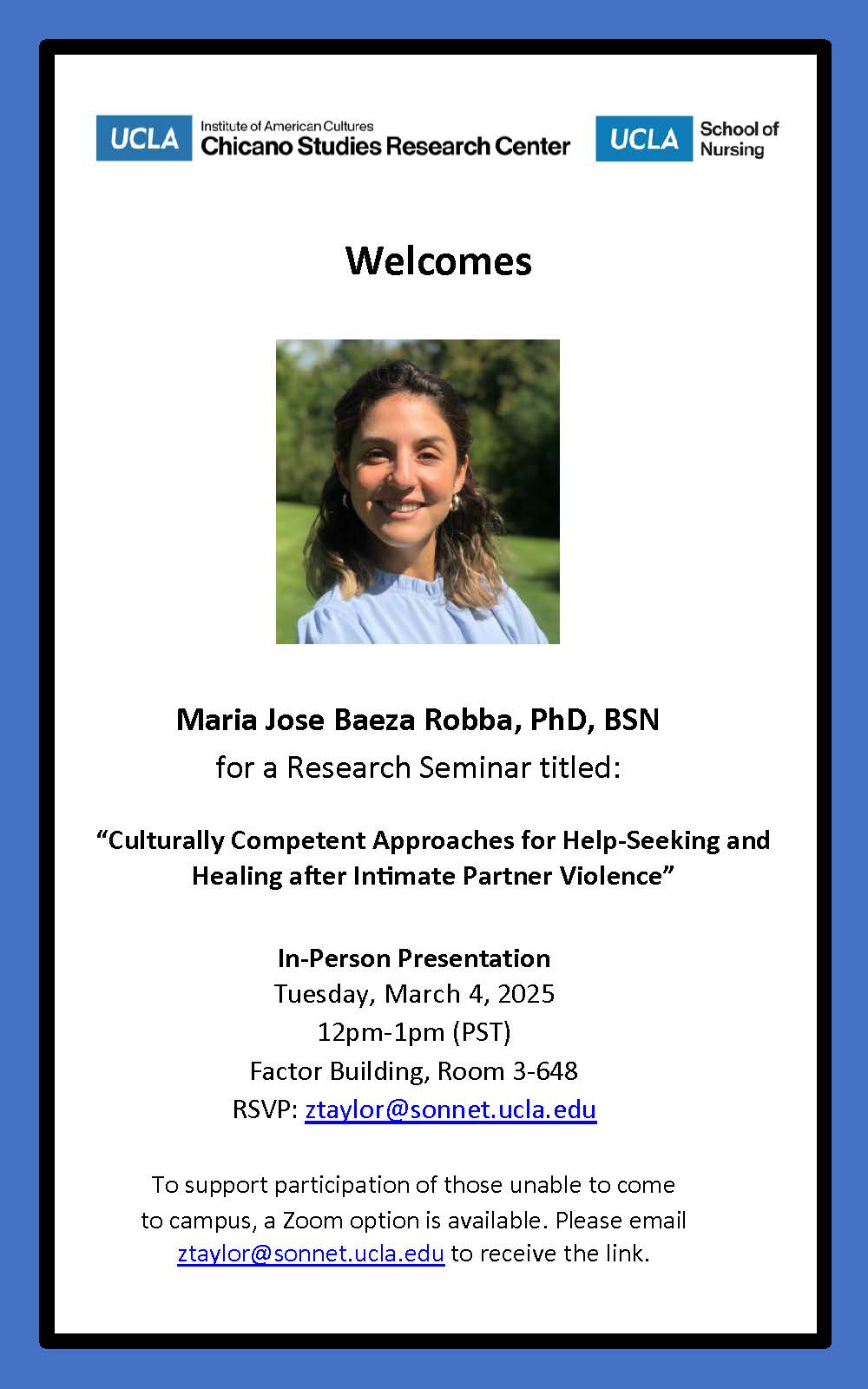 Research Seminar: Maria Jose Baeza Robba Presents “Culturally Competent Approaches for Help-Seeking and Healing after Intimate Partner Violence”
