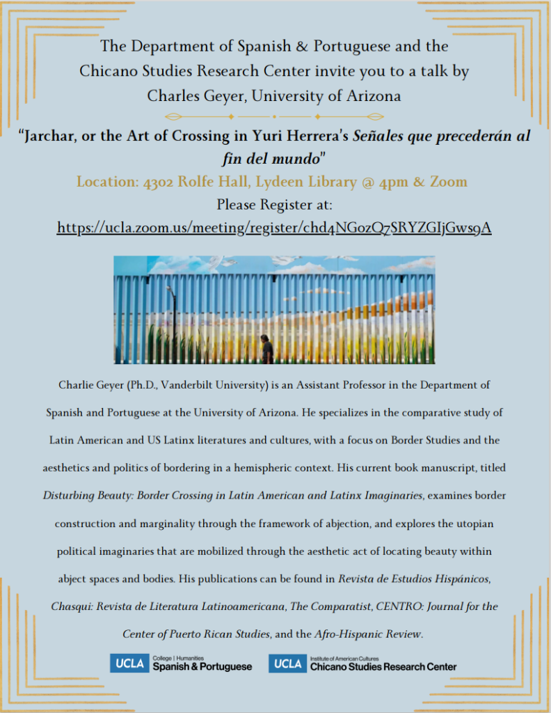 Light blue event flyer with an image of a landscape, and details for Charles Geyer's talk in black text.
