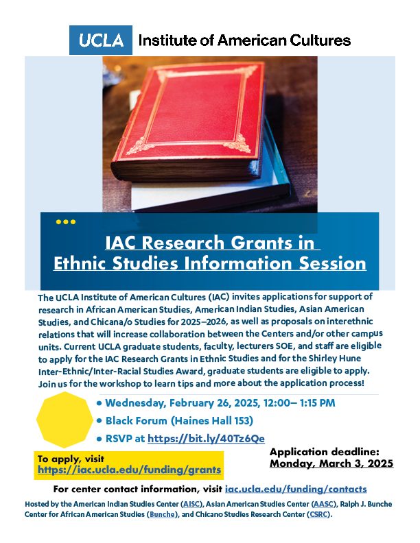 Blue and white IAC Research Grants flyer with an image of a red book, information details, and a QR code.
