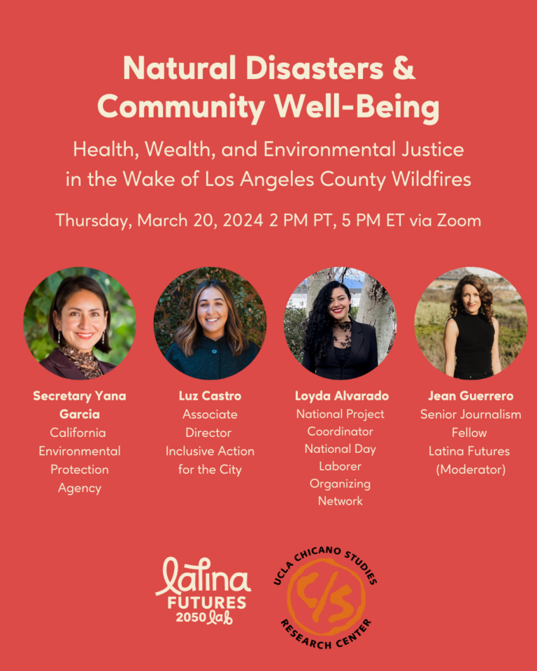 Red Natural Disaster and Community Well-being panel flyer showing four speaker portraits, event details, and organization logos.