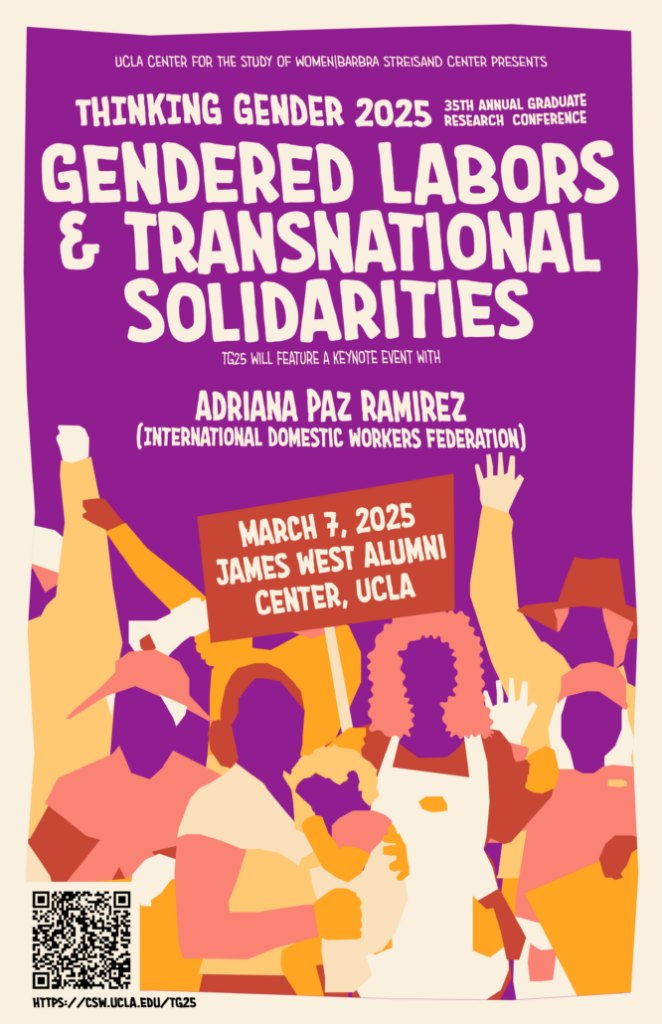 Purple Thinking Gender 2025 conference flyer with illustrations of people raising their arms, conference title, data, and location in white text.