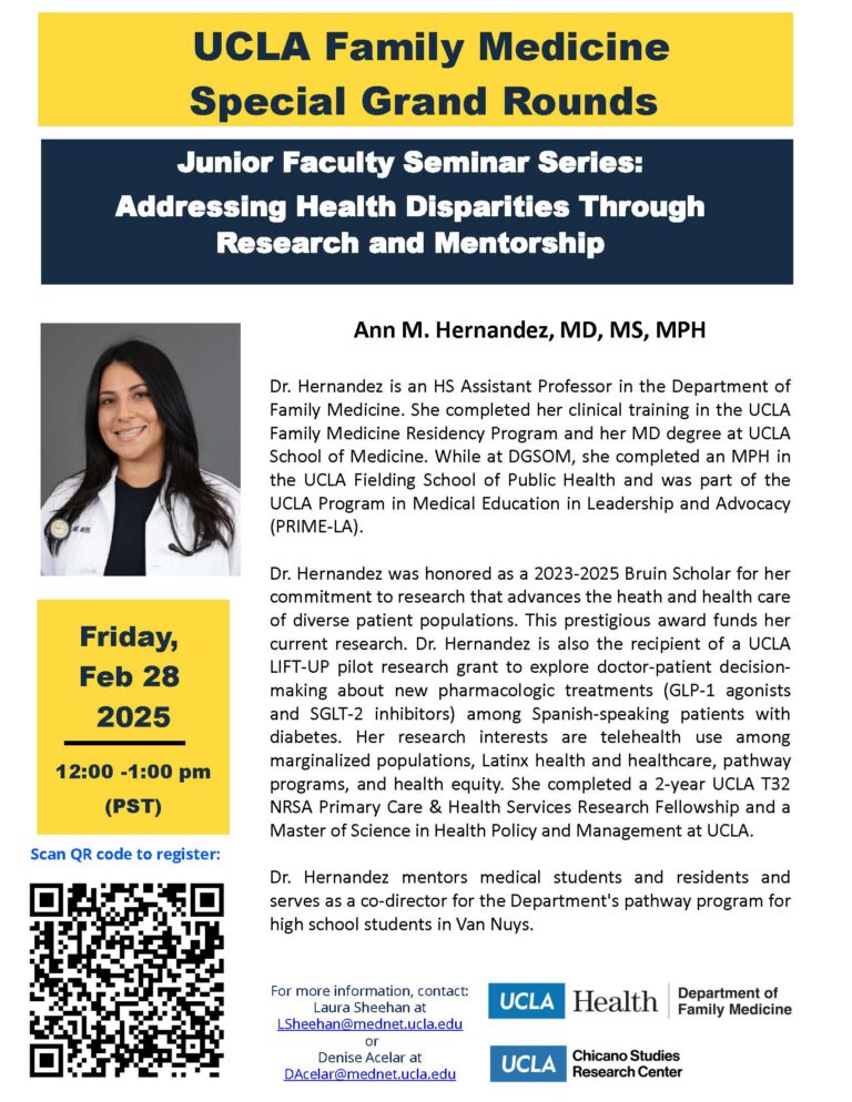 White and yellow UCLA Family Medicine flyer showing Dr. Ann M. Hernandez's photo, talk details, and a QR code.