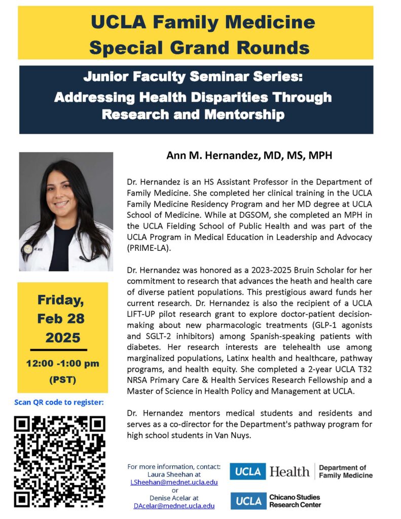 White and yellow UCLA Family Medicine flyer showing Dr. Ann M. Hernandez's photo, talk details, and a QR code.