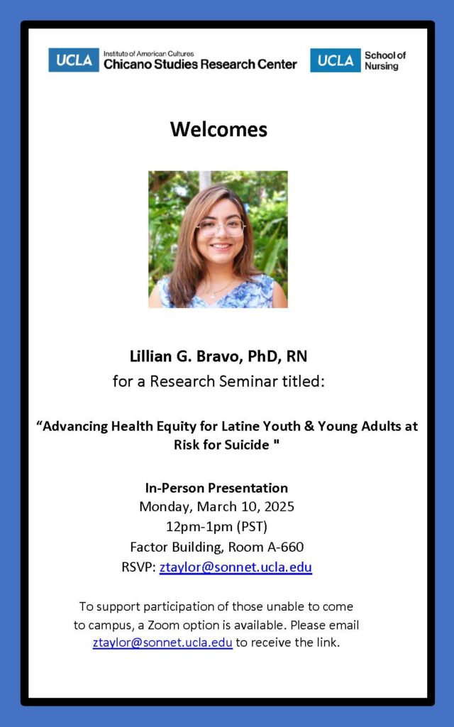 White research seminar flyer with a blue border showing Lillian G. Bravo's photo, presentation title and event details, and UCLA logos.