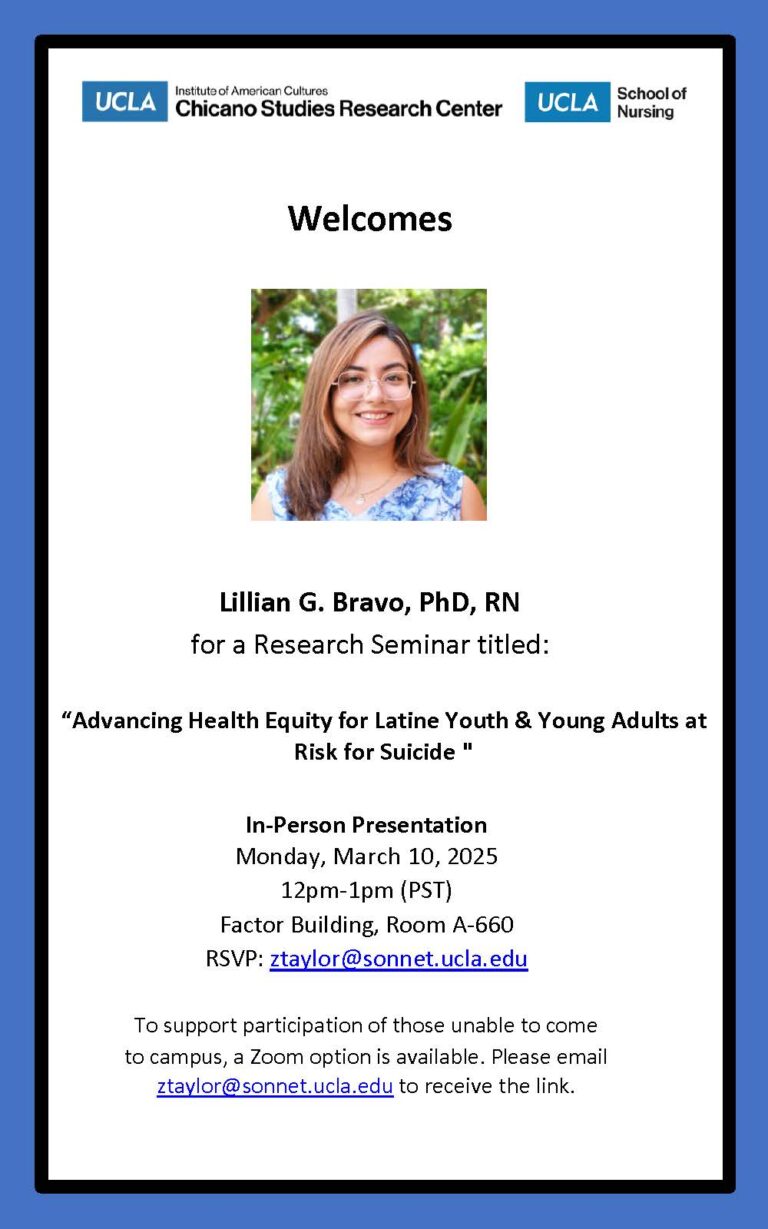 White research seminar flyer with a blue border showing Lillian G. Bravo's photo, presentation title and event details, and UCLA logos.