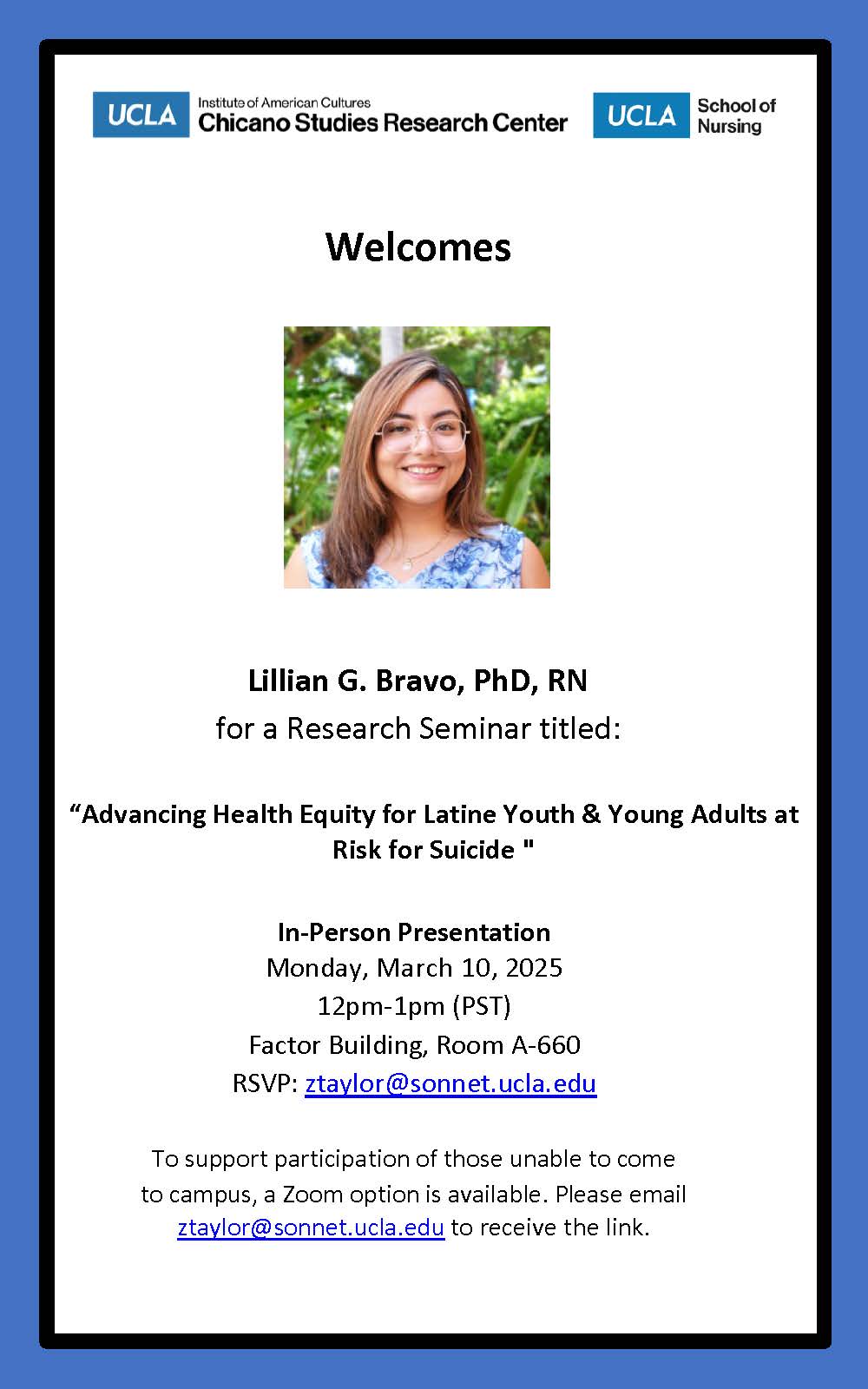 Research Seminar: Lillian G. Bravo Presents “Advancing Health Equity for Latine Youth & Young Adults at Risk for Suicide”