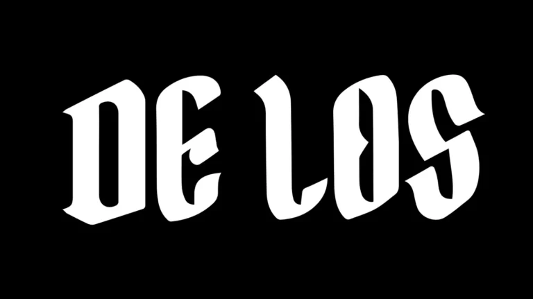 De Los logo in white stylized lettering on black background.