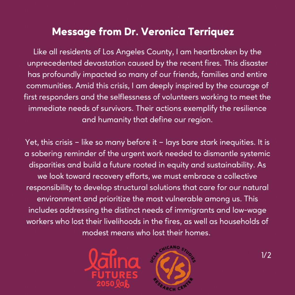 Purple graphic titled "Message from Dr. Veronica Terriquez" with a written statement about the Los Angeles fires.