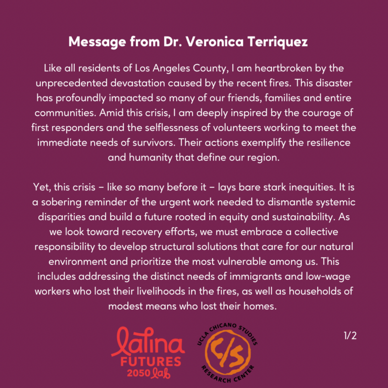 Purple graphic titled "Message from Dr. Veronica Terriquez" with a written statement about the Los Angeles fires.