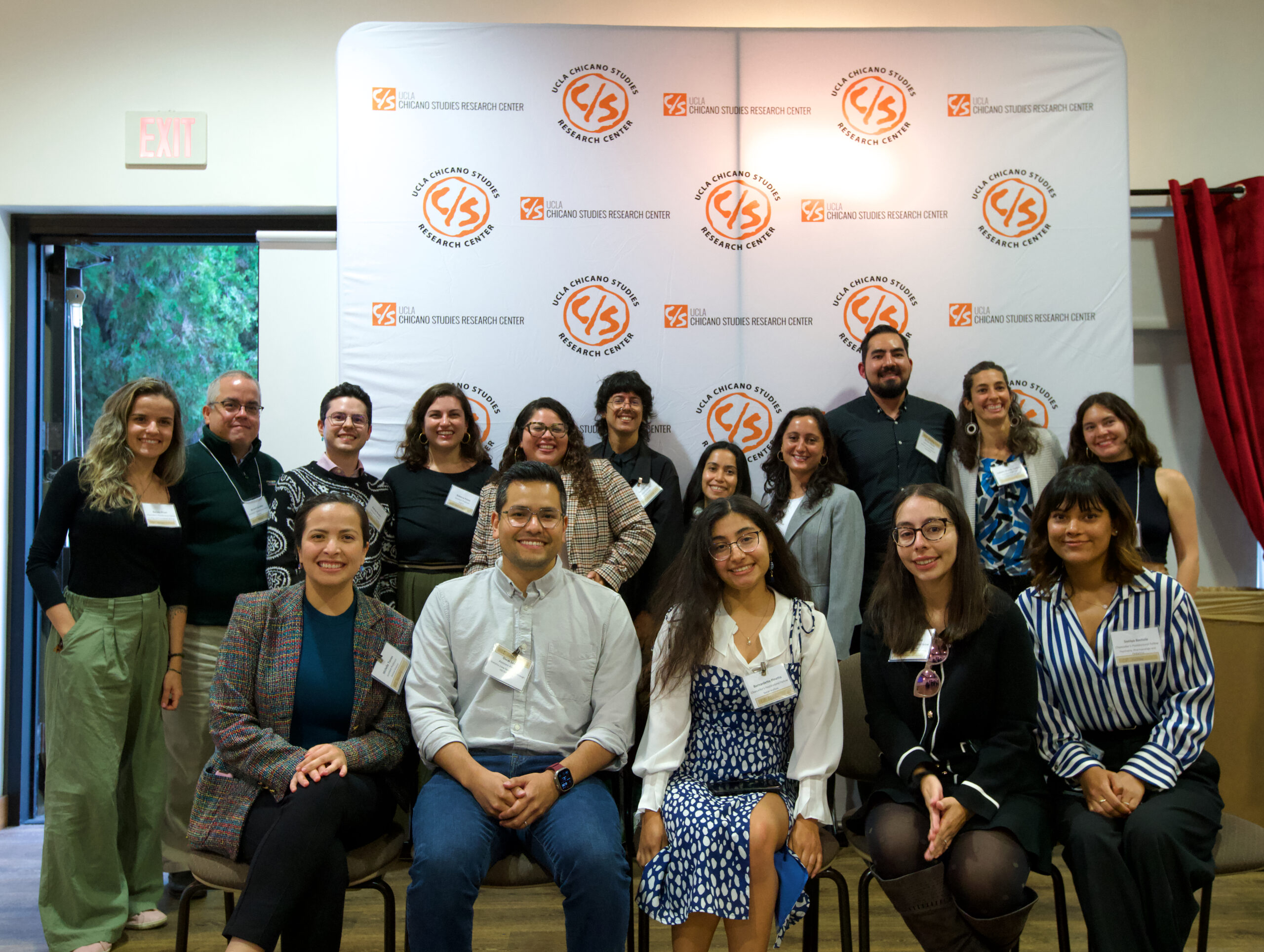Sixteen UCLA Chancellor's Postdoctoral Fellows and new faculty posing together at a CSRC event in fall 2024.