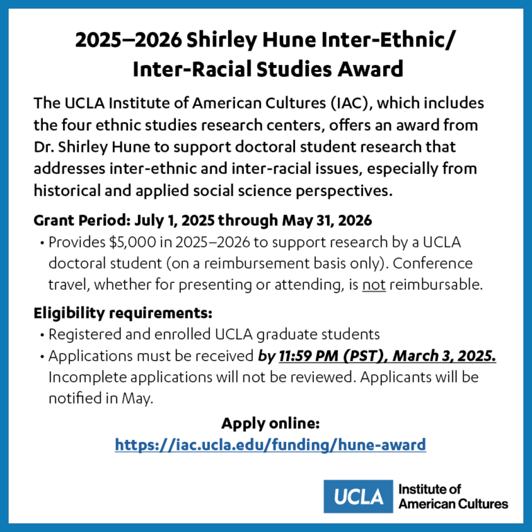 Call for Applications: Shirley Hune Inter-Ethnic/ Inter-Racial Studies Award