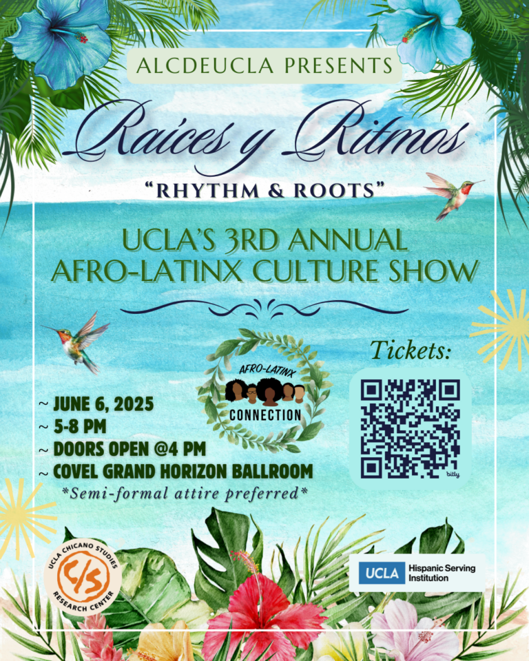 Turquoise Raíces y Ritmos flyer with tropical flowers and leaves, event details, a QR code, and organization logos.